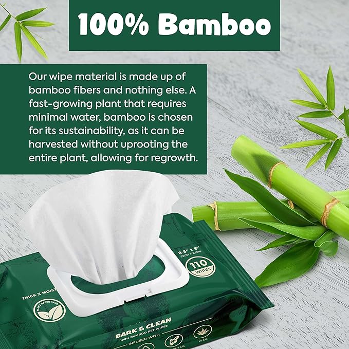 Bark & Clean Bamboo Dog Wipes for Cleaning & Deodorizing - 8.5" x 9" 110 Compostable Hypoallergenic Pet Wipes for Dogs - Paws, Butt & Body - Puppy Face, Ear & Eye Cloths - Pet Supplies