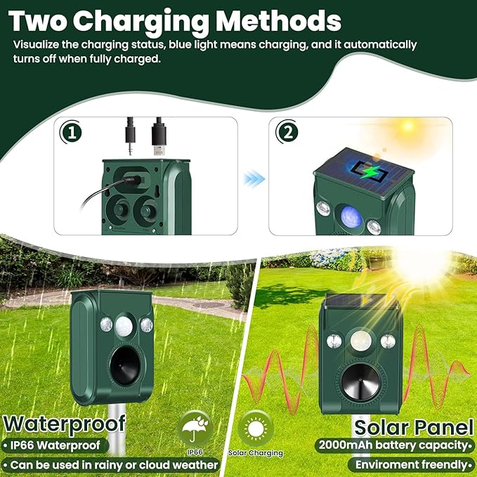 Cat Repellent Outdoor, Solar Animal Repellent Ultrasonic Animal Repeller Motion Activated Waterproof Skunk Deer Raccoon Squirrel Cat Deterrent Outdoor for Yard Garden Farm
