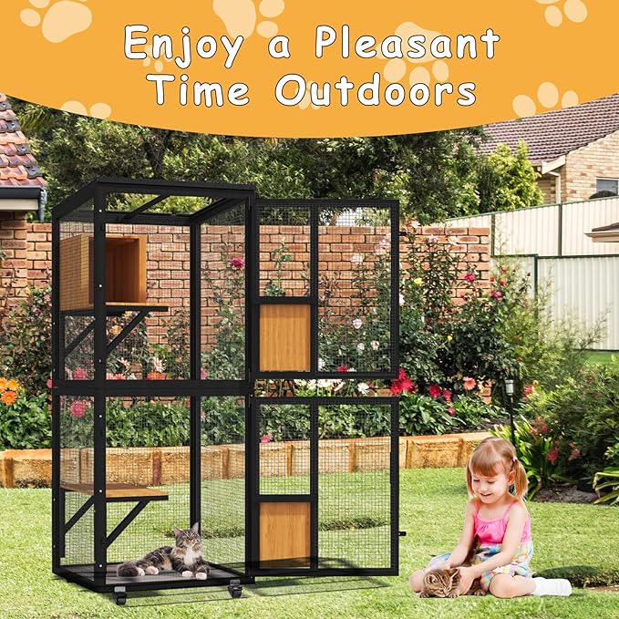 2 in 1 Catio Outdoor Cat Enclosure, 4 Tier Outdoor Cats House with 4 Wheels, Cat Enclosure Window Access with Removable Floor, Upgraded Resting Box, Waterproof Roof, Indoor Pet Cage, Black
