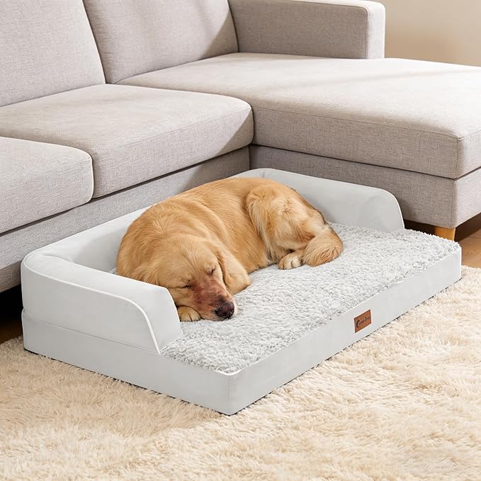 Orthopedic Dog Beds for Large Sized Dogs, Waterproof Egg Crate Foam Large Dog Couch Beds with Comfy Bolster 36x27Inch, Washable Pet Beds with Removable Cover and Nonskid Bottom, Grey White