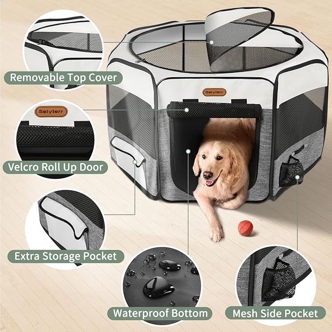 Puppy Playpen, 45" Portable Dog Playpen, Pet Playpen for Dogs Cats, Pop Up Playpen and Exercise Play Pen Dog Tent Indoor/ Outdoor, Removable Shade Cover