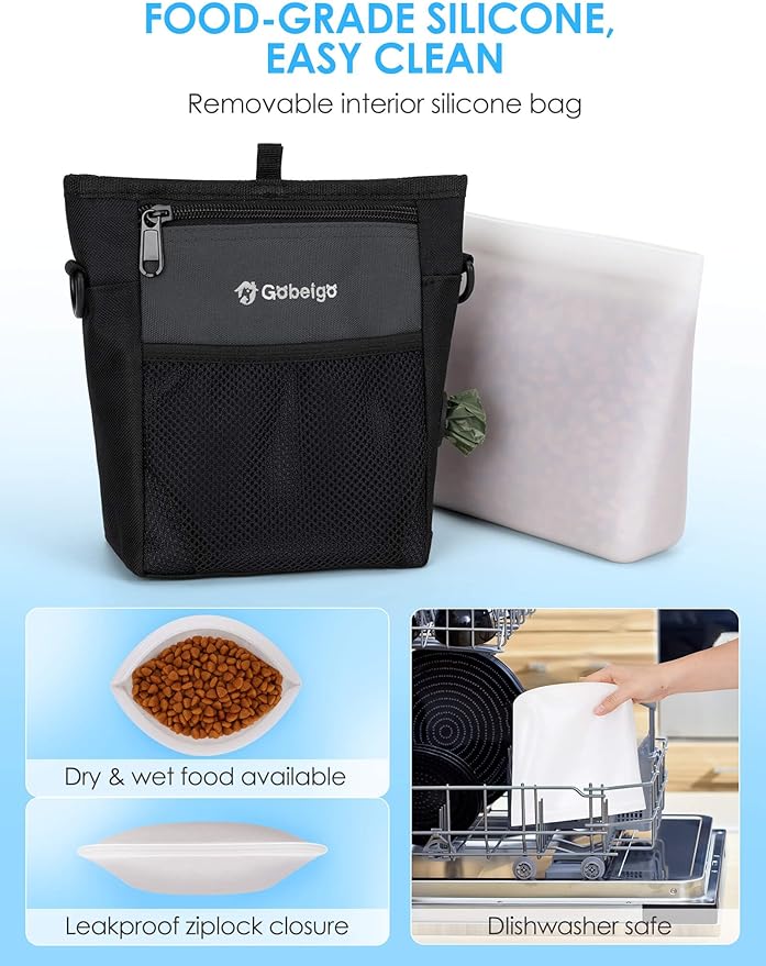 Gobeigo Dog Treat Pouch with Silicone Snack Bag, Front Pocket fits All Phones, 4 Cup Treat Bag with Training Clicker, Upgrade Stronger Magnetic Closure, 3 Ways to Wear Walking Fanny Pack (Gray)
