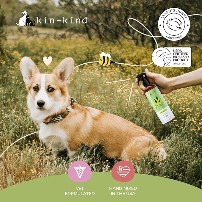 kin+kind Plant Based Flea and Tick Spray for Dogs and Cats – Essential Oil Formula with Lemongrass – Flea and Tick Prevention for Cats, Kittens, Puppies & Dogs - Pet Supplies - Family Safe – 32 fl oz