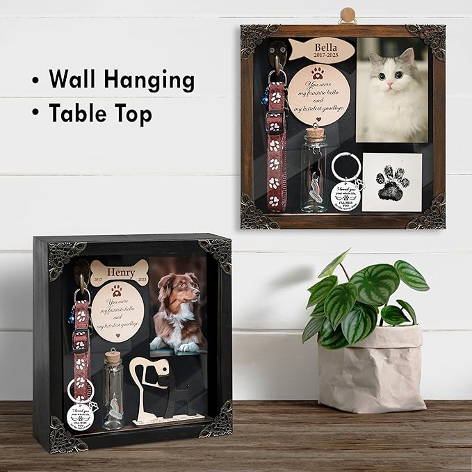 Personalized Shadow Box Dog Memorial Gift Collar Holder Picture Frame Sympathy Wood Pet Dog Cat Sculptures Fur Jar Rainbow Bridge Hair Teeth Keepsake Idea Gift for Pet Lover Tabletop Wall Hanging