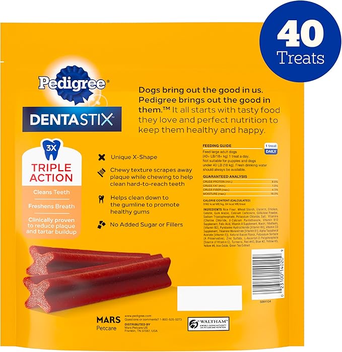 Pedigree Dentastix Dog Dental Treats, Large Breed Dog Treats, Bacon Flavor, 2.08 lb. Bag (40 Treats Total)