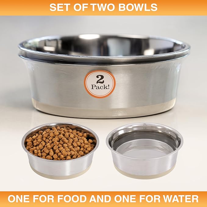 Neater Pet Brands Stainless Steel Dog Bowls with Non-Slip Rubber Bottom – Set of 2, 6 Cup (48 oz), Tan - Heavy Duty Metal Dog Bowl, Dishwasher Safe, Food or Water Bowl, Ideal for Large Dogs
