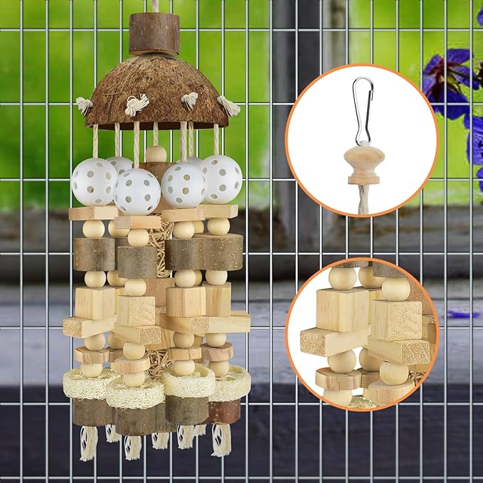 KATUMO Bird Toys, 2PCS Large Wooden Blocks & Coconut Shell Chew Toys for African Grey Cockatoo Amazon Parrots and Medium to Large Birds