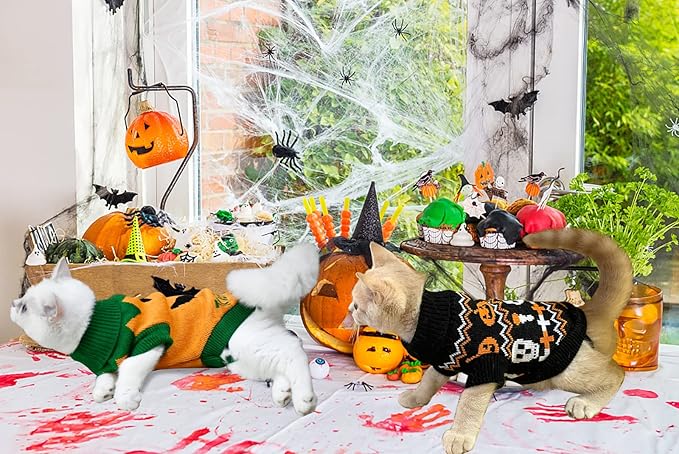 Vehomy 2Pcs Pet Halloween Sweaters Dog Halloween Pumpkin Sweater Kitten Cat Holiday Theme Turtleneck Knitwear Shirt with Pumpkin Skull Patterns Dog Puppy Halloween Costume Clothes for Small Dogs XS