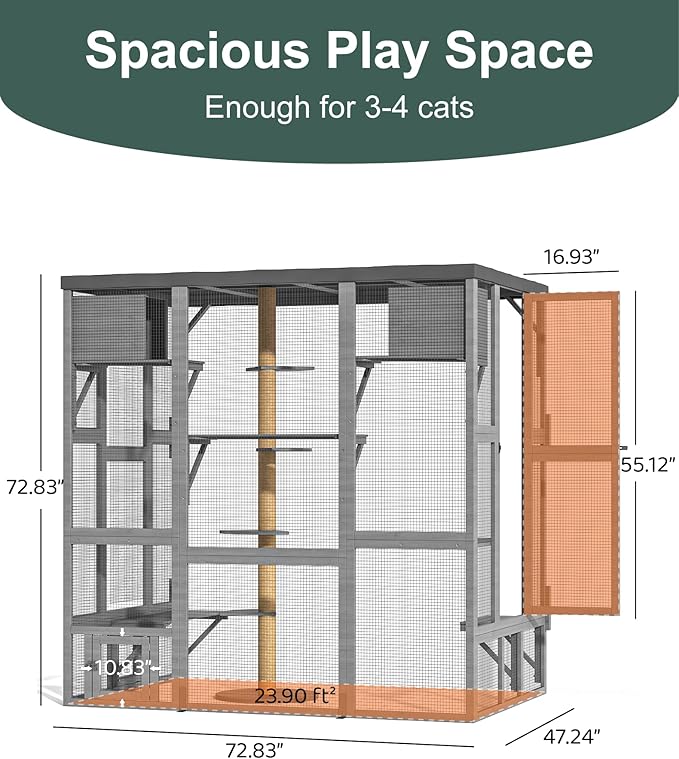 Catio Outdoor Cat Enclosure Window, Large Walk-in Window Catio with Cat House, Multi-Level Platform, Scratching Post and Waterproof Cover, Outdoor Kitty Cage for Multiple Cats, Grey