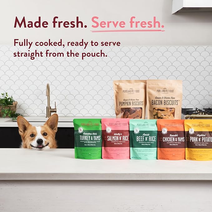 Portland Pet Food Company Fresh Dog Food Pouches Human-Grade Toppers Wet Pet Meal & Mix-Ins - Gluten-Free Limited Ingredient Wally’s Salmon N’ Rice - Large & Small Breed, Puppy to Senior - 8 Pack