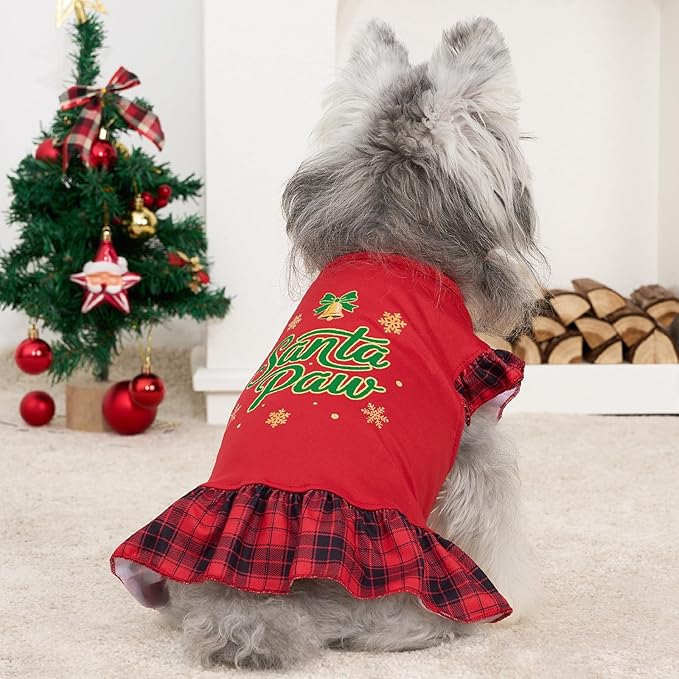 XPUDAC 4 Pack Christmas Dog Dress Plaid Puppy Clothes for Small Dogs Girl Cute Pet Outfit Doggy Apparel Cat Holiday Party Costume, Red, Green, L