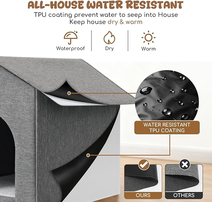 Outdoor Cat House Weatherproof, Insulated Cat Dog Houses for Outdoor/Indoor Cats for Winter, Waterproof Feral Stray Cat Shelter with Warm Cushion for All Seasons, Easy to Assemble, Grey
