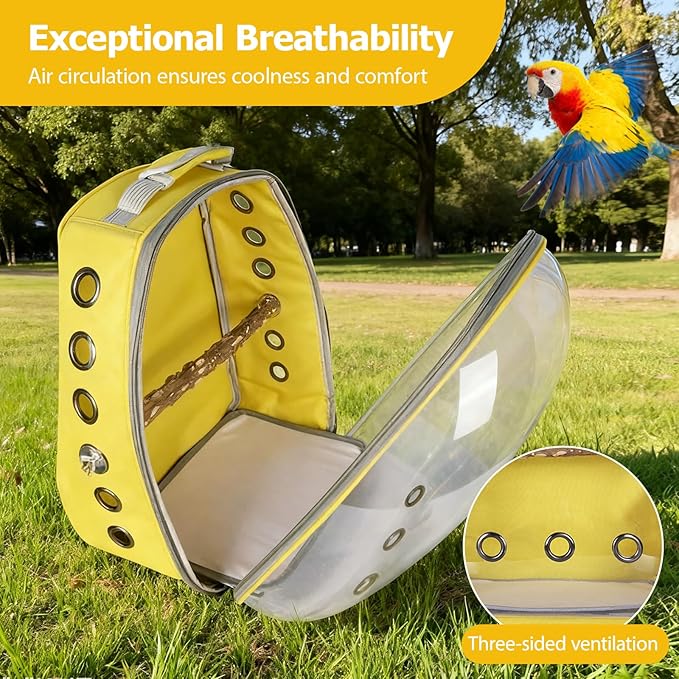 Transparent Parrot Backpack,12 Holes Ventilate Space Capsule Carrier,Stick Wooden Standing Perch,Portable Double Shoulder Outdoor Pet Backpack Carrier for Birds and Pets (Yellow,with Stick)