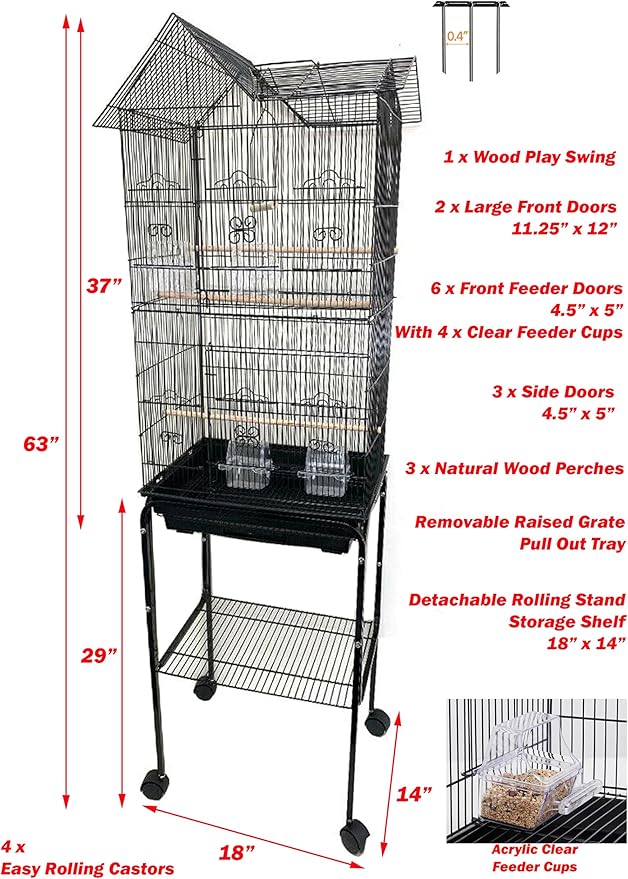 Large Canary Parakeet Cockatiel Lovebird Finch Roof Top Bird Parrot House Home Cage with Play Toys Climbing Ladder Side Nesting Box Doors Removable Stand On Wheels