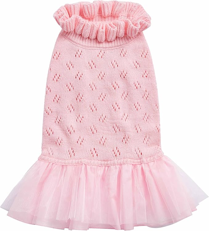 Blueberry Pet My Cutie Princess Ruffle Collar Dog Sweater Dress with Layered Tulle, Pink, Back Length 14", Fall Winter Clothes for Girl Dogs