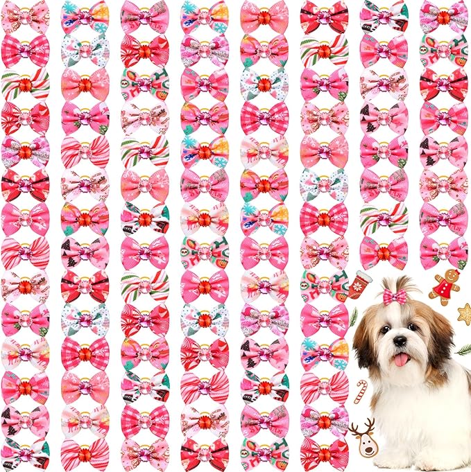 Tondiamo 100 Pieces Pink Valentine Dog Hair Bows with Rubber Bands Red Purple Rhinestone Puppy Grooming Topknot Bow Candy Tree Santa Reindeer Pet Hair Accessories for Small Girl