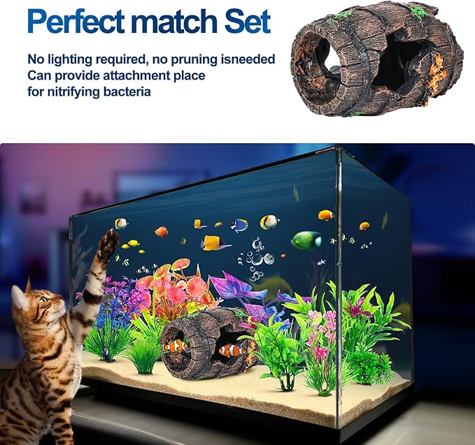 CousDUoBe Fish Broken Barrel Decor Fish Tank Decorations Betta Fish Tank Accessories,Starfish Barrel x 1pc, Aquarium Plants x 8pcs