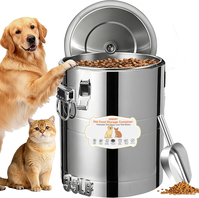 35lb Stainless Steel Dog Food Storage Container, Large Capacity Metal Pet Food Storage Container with Scoop, Airtight Dog & Cat Food Treat Bin for Dry Food Keep Fresh for Multi-Pet Households