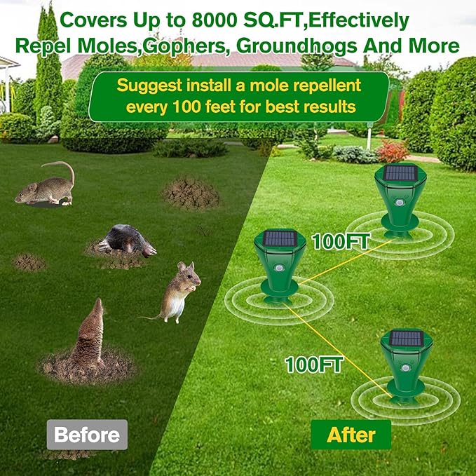 Mole Repellent Solar Powered Ultrasonic,Deer Repellent Devices,Gopher Trap Groundhog Repeller,Sonic Spikes Get Rid of All Pests Vole, Chipmunk,Cat,Skunk,Snake,Mole Trap for Lawn, Garden Yard (4P)