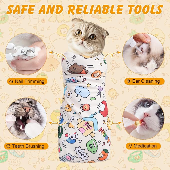 27.6In Self-Adhesive Cat Grooming Wrap, Anti-Escape Cat Restraint for Nail Clipping, Cat Swaddle Wrapping Cloth for Pet Cleaning & Beauty, for Cats up to 15lbs, Cat Gifts