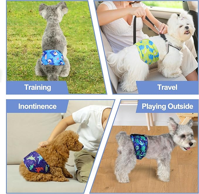 5 Pack Dog Diapers Male Reusable, Premium Belly Bands for Dogs, High Absorbing Male Dog Pee Wraps for Doggie in Incontinence or Excitable Urination Dinosaur M