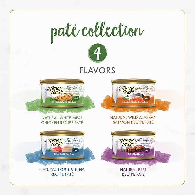 Purina Fancy Feast Grain Free Wet Cat Food Pate Variety Pack Gourmet Naturals–Beef, Chicken, Salmon, Trout and Tuna - (2 Packs of 12) 3 oz. Cans