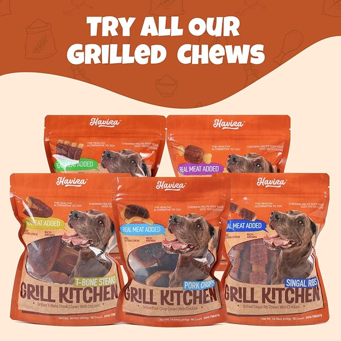 Havira BBQ Dog Treats Spareribs 8 Count, Grill-Shaped Rawhide Free Dog Chews Bone, Easily Digestible, for All Life Stages