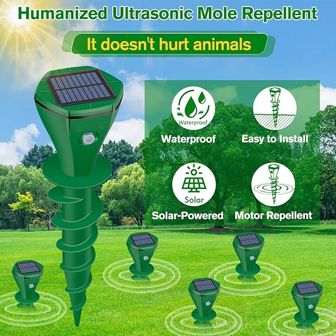 Mole Repellent Solar Powered Ultrasonic,Deer Repellent Devices,Gopher Trap Groundhog Repeller,Sonic Spikes Get Rid of All Pests Vole, Chipmunk,Cat,Skunk,Snake,Mole Trap for Lawn, Garden Yard (4P)