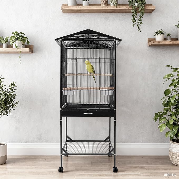 Bird Cage with Wheels, Breeding Cage Wrought Iron Flight Cage with Wooden Stand, Removable Tray & Feeding Bowls for Parrots, Canaries, Lovebirds Finches, 18" L x 18" W x 54" H