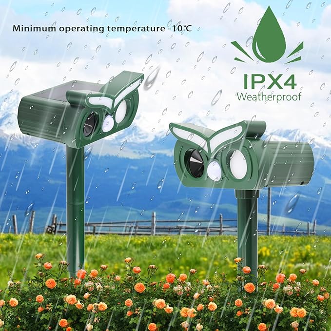 2pcs Solar Ultrasonic Animal Repellent Outdoor,Deer Repellent,Squirrel Repellent,Mouse Repellent,Cat Repellent Outdoor,Devices Motion Detection Waterproof with LED Flash Lights for Yard Farm Garden