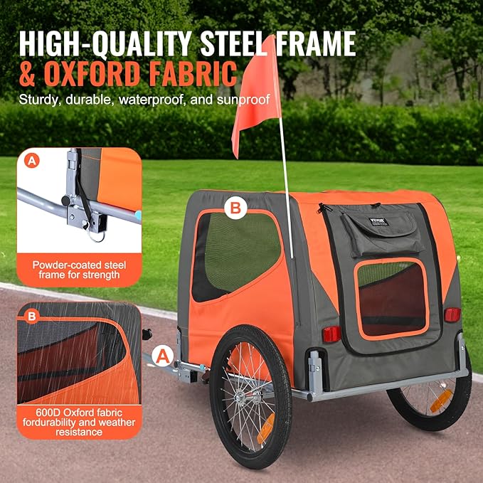 VEVOR Dog Bike Trailer, Supports up to 66 lbs, Pet Cart Bicycle Carrier for Small & Medium Dogs, Easy Folding Frame with Quick Release Wheel, Universal Bicycle Coupler, Reflector, Flag, Internal Leash