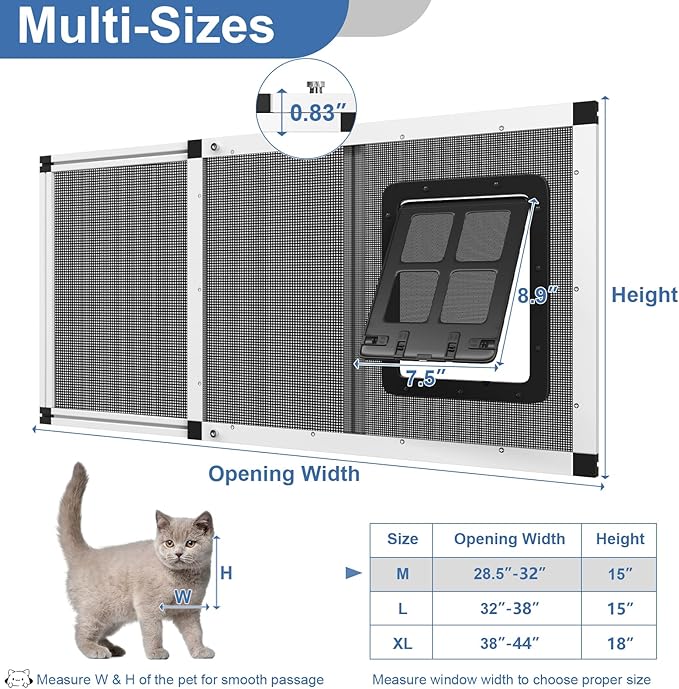 Ventilated Pet Door for Window, Fits 28.5"-32" Width Window, 2-Min Install | Aluminum Frame + Stainless Steel Mesh | Breathable Bug-Proof | Magnetic Closure Window Cat Door, Cat Door for Window Insert