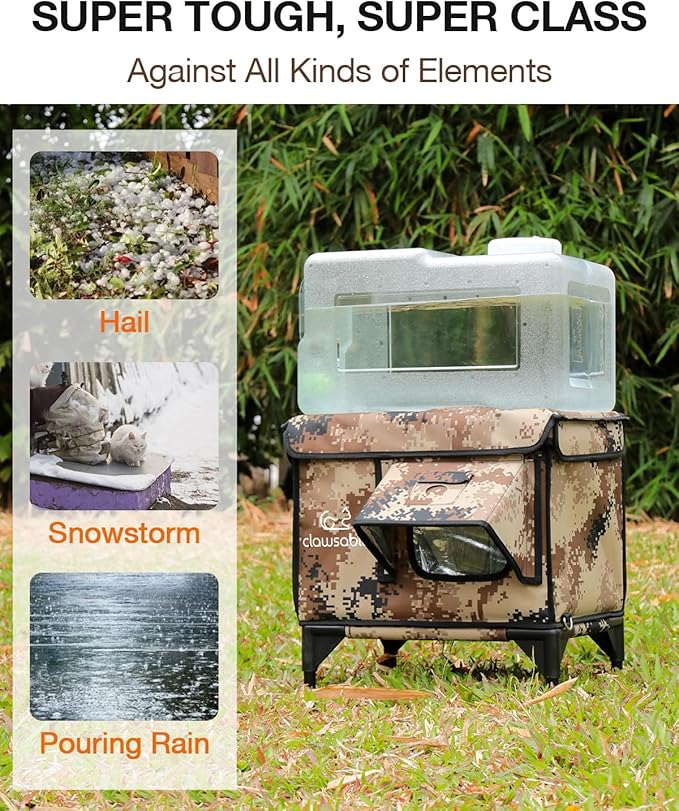 Indestructible Heated Cat House for Outside Winter, 100% Waterproof, Safe Escape Door, Insulated Outdoor Cat Shelter with Heater for Feral Barn Cat Kitty (Desert Camouflage, 12"x16"x18")