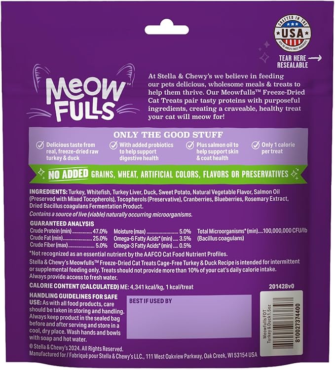 Stella & Chewy's Meowfulls Freeze Dried Cat Treats - Turkey & Duck Recipe - Raw Protein with Probiotics-& Salmon Oil - 1 Calorie Per Treat - 1.5 oz,(Pack of 2)