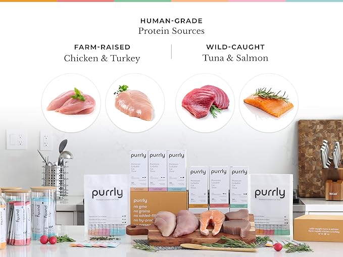 Purrly Squeezable Cat Treats Wet Healthy Interactive Hydrating Human-Grade Tuna & Salmon with Omega-3 & 6 for Skin & Coat (30 Count) Lickable Creamy Puree Topper Wild-Caught No-Artificial-Additives