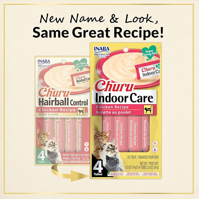 INABA Churu Hairball Control,Functional,Creamy Lickable Purée Cat Treat with Taurine & Vitamin E,0.5 Ounces Each, Tubes (4 per Package),Chicken Recipe - Packaging May Vary*,(Pack of 48)