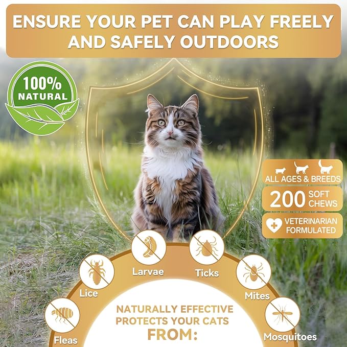 Flea and Tick Prevention Chews for Dog&Cats, Flea and Tick Prevention for Dogs, Flea and Tick Prevention for Cats, 200 Soft Chews, Chicken Flavor, Natural Flea and Tick Treatment