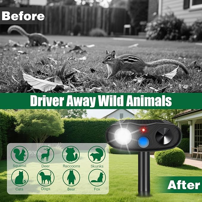 Solar Ultrasonic Animal Repeller Racoon Sonic Fortress Pro Cat Repellent Outdoor, Dog Repellent for Yard with Motion Sensor&Flash Light to Scare Deer Rabbit Coyote Squirrel Out of Garden Farm(4Pack)