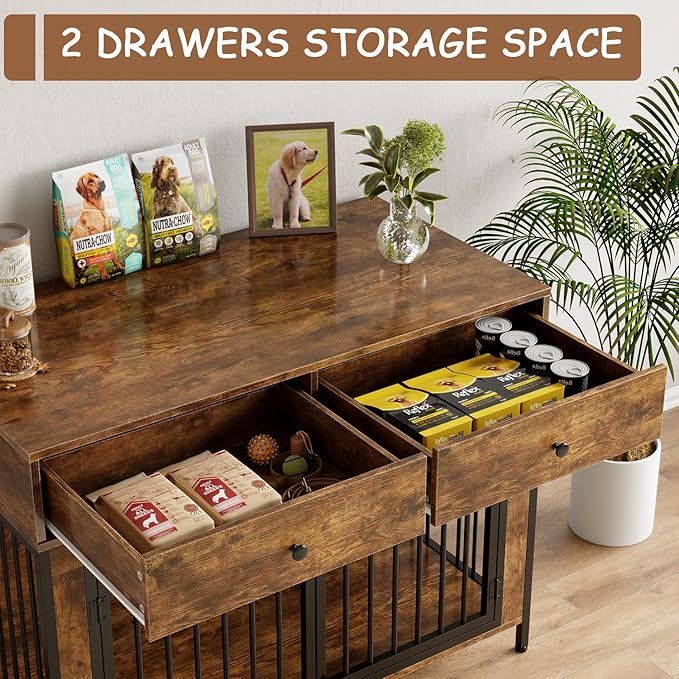 PUKAMI 44inch Large Dog Crate Furniture with Drawers, Wooden Dog Kennel Furniture for Indoor use, Brown End Table Dog House, for Small/Medium/Large Dog, 2-Pack Set