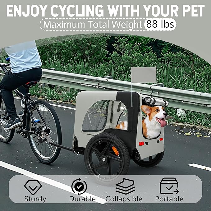 Heavy-Duty Dog Bike Trailer & Collapsible Pet Carrier for Bike with 16-Inch All-Terrain Wheels, Universal Hitch, Safety Flag & Weather-Resistant Design for Outdoor Adventures