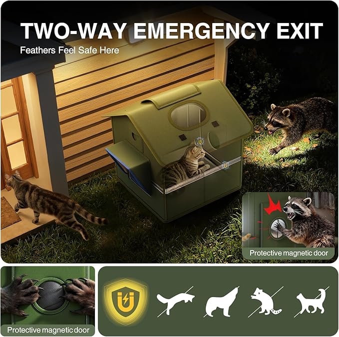 Outdoor Cat House for Outside with Elevated Base Cat-Attracting Eave Design and Cat Toys Feral Stray Shelter Weatherproof in Garage Yard Porch (Dual Camera Ports)