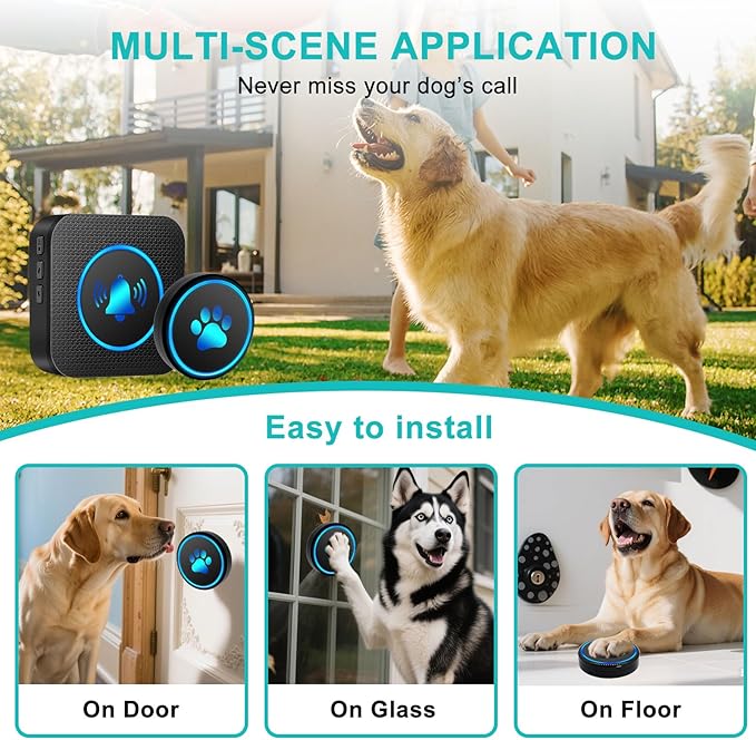 Dog Door Bell for Potty Training, Smart Wireless Doggie Doorbell to Go Outside, 1000 Feet Long Range with IP65 Waterproof Super-Light Touch Button, 60 Melodies & Adjustable Volume (1 Button)