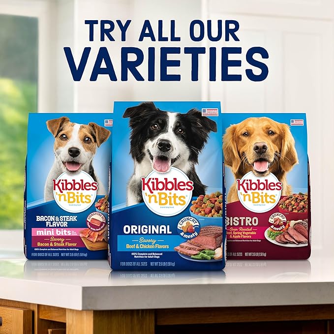 Kibbles 'n Bits Bistro Mini Bits Small Breed Dry Dog Food, Oven Roasted Beef, Spring Vegetable and Apple Flavors for Adult Dogs, 3.5 lb. Bag, 4 count