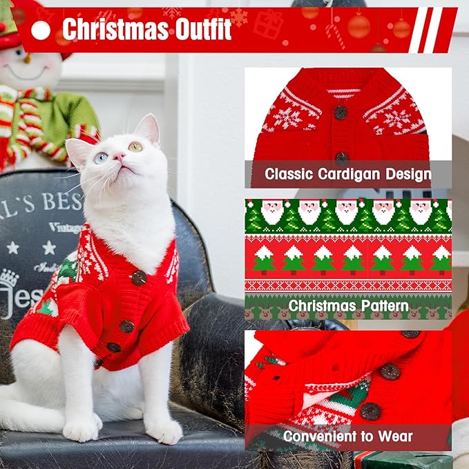 EXPAWLORER Cat Christmas Sweater - Stylish Knitted Christmas Pet Outfit, Soft Clothes for Cats Only, Knitwear Xmas Sweater with Sleeve Warm Apparel, Kitten Clothes for All Cats, Small