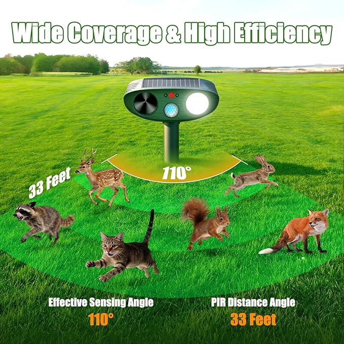 2026 Upgraded Ultrasonic Solar Animal Repellent Outdoor, Deer Repellent Devices Squirrel Cat Raccoon Rabbit Dog Deterrent with Motion Sensor Flash Light for Yard Garden Lawn (2)