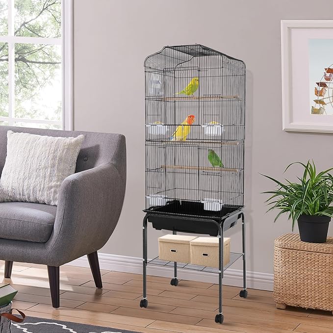 Large Rolling Bird Cage with Stand & Storage Shelf, 4-Tier Stackable Parrot Aviary for Cockatiels, Parakeets & Finches, Metal Birdcage with Slide-Out Tray, Feeding Bowls & Wheels (Black)