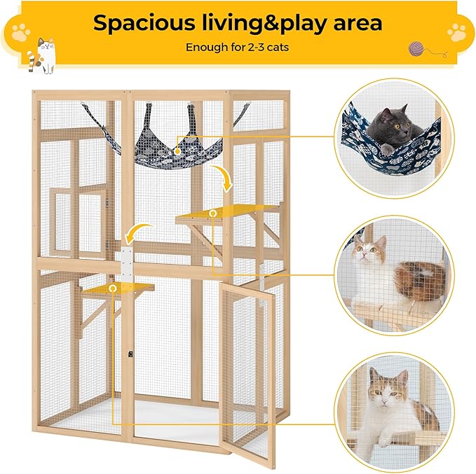 COZIWOW Upgraded Outdoor Cat Catio with Window Access & Jumping Platforms, Weatherproof Wooden Cat Enclosure for Patio/Garden/Backyard (Wood, 2 Platforms + Hammock, Supports 44lbs)