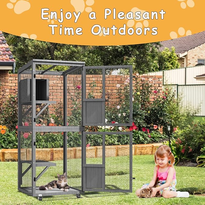 4 Tiers Catio Outdoor Cat Enclosure, Indoor Cat House with 4 Wheels, Cat Enclosure Window Access with Removable Floor, Upgraded Resting Box, Waterproof Roof, Wooden Indoor Pet Cage, Grey