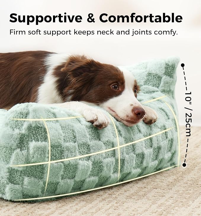 Made4Pets Cat Beds for Indoor Cats, Cat Couch Bed, Soft Faux Fur Checkered Pet Sofa, Calming Fluffy Kitten Sofa with Supportive Foam, Removable Washable Cover with Non-Slip Base, Sage Green, Small