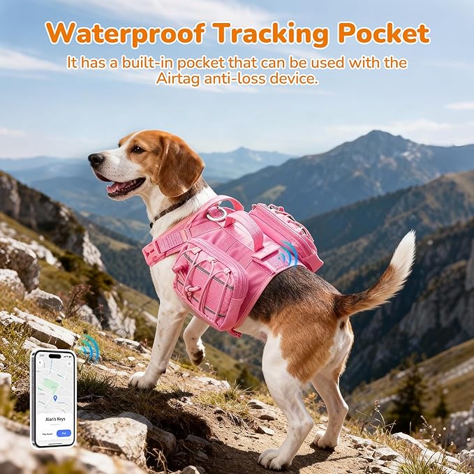 Large Dog Harness Backpack, No Pull Adjustable Dog Vest with Handle & Leash Ring, Lightweight Dog Backpack with Side Pockets for Walking, Training & Day Hikes, Pink, L